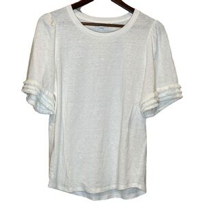 Chicos 95% Linen Ivory Short Sleeve Fringe  Women’s Top Size 1 Medium (8-10)